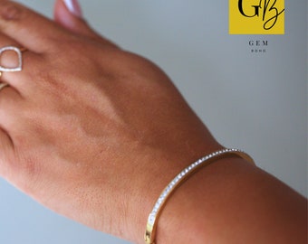 Sparkling Boho Gold or Silver Bangle Bracelet | Stackable Layered Gold Open Hinged Bangle | 18k Gold Plated Tarnish Free | Engravable