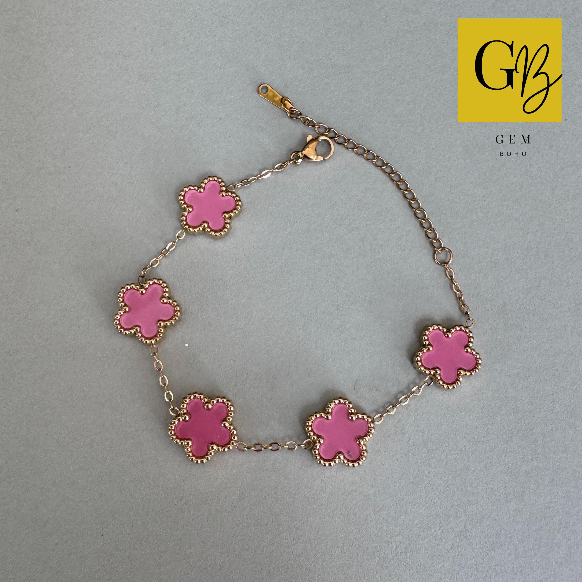 Clover Leaf Charm Bracelet Gold Pink UK