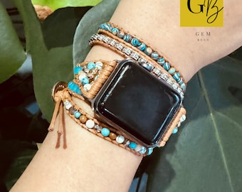 Apple Watch Wristband | Ocean Jasper and Amozonite Beaded Bracelet Strap | Natural Bohemian Yoga Style Wrap Band For Apple Watches
