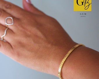 Classic Ridge Boho Gold Bangle Bracelet | Stackable Layered Gold Open Hinged Bangle | 18k Gold Plated Tarnish Free | Engravable