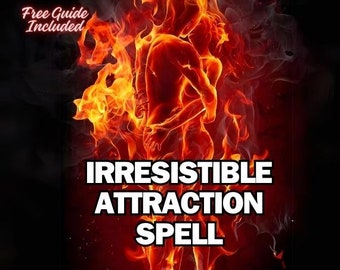 Op de afbeelding: Een digitale illustratie van twee figuren die in vlammen gehuld zijn, met de tekst "IRRESISTIBLE ATTRACTION SPELL" eronder.