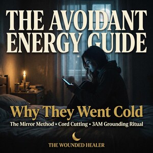 May include: Book cover with the title "THE AVOIDANT ENERGY GUIDE" and the subtitle "Why They Went Cold". The image features a person using a smartphone in a dimly lit room. The book's author is "THE WOUNDED HEALER".