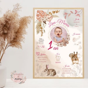 Póster de cumpleaños personalizado niña flores animales - Póster con foto de bebé y niño - Decoración de fiesta de cumpleaños - impreso o pdf