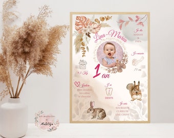 Personalized birthday poster girl flowers animals - Baby and child photo poster - Birthday party decoration - printed or pdf