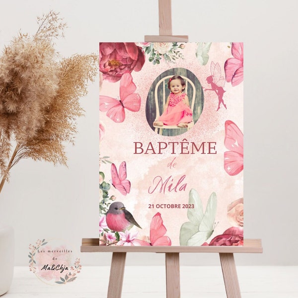 Affiche personnalisée Baptême forêt enchantée - Affiche bienvenue - Décoration baptême - affiche bébé et enfant - Photo et prénom - cadeau