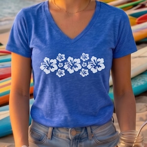 V Neck Shirt, V Neck Hibiscus T-Shirt, Best Selling Hibiscus, Fitted T-Shirt, Popular Trends, Island Vacation Tee, Bella Canvas, Womens Top