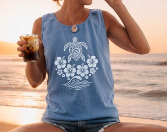 Comfort Colors, Ocean Vibe Tee, Hibiscus Top, Sea Turtle Tee, Hibiscus Floral Tee, Relaxed Fit, Hawaiian Vacation Vibe, Comfort Colors Tank
