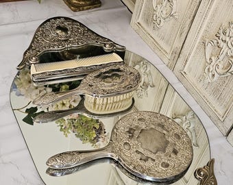 Vintage Silver Plated Vanity Set–Mirror Tray, Hand Mirror, Brush & Comb(4-Piece)
