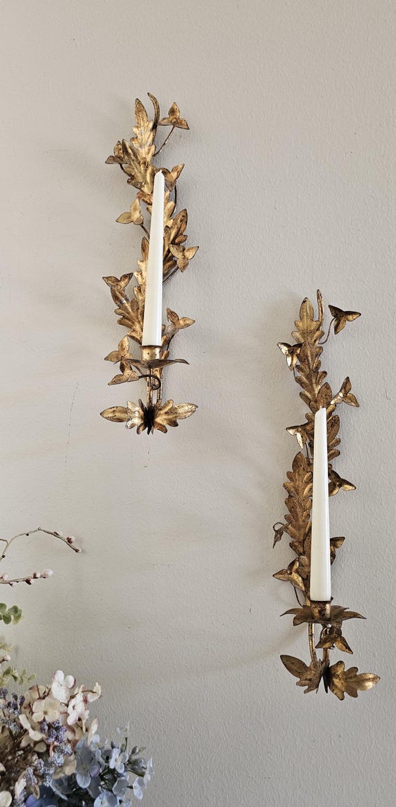 Vintage Gold Leaf Wall Candle Sconces (Set of 2)