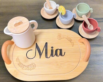 Personalized Wooden Tea Set: Montessori Toy with Engraved Bamboo Tray