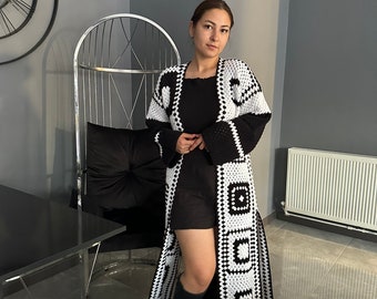 Black and White Long Crochet Coat,Granny Square Open Front Slits Cardigan,Winter Clothing,Gift for Women