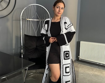 Black and White Long Crochet Coat,Granny Square Open Front Slits Cardigan,Winter Clothing,Gift for Women