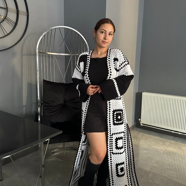 Black and White Long Crochet Coat,Granny Square Open Front Slits Cardigan,Winter Clothing,Gift for Women