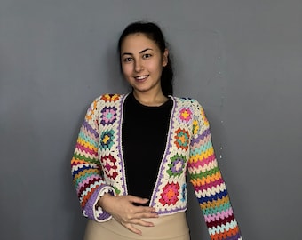 Oversize Granny Square Cardigan, Crochet Afghan Cardigan, Knitted Patchwork Coat, Crochet Floral Cardigan, Handmade Granny Square Sweater