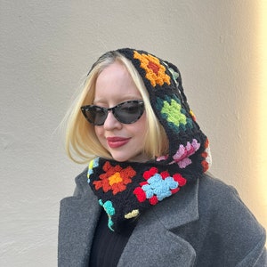 Rainbow Crochet Balaclava, Crochet Black Balaclava, Handmade Knitted Balaclava, Granny Sqaure Rainbow Chunky Snow Mask, Women Winter Hood.