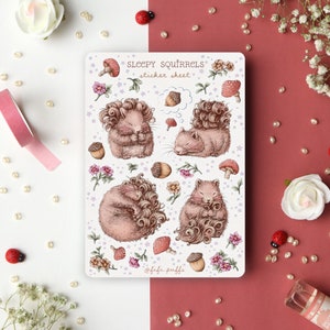 Feuille d'autocollants Écureuils endormis | stickers agenda, stickers bullet journal, stickers printemps, stickers scrapbooking, douillet, cadeau fait main