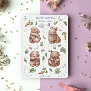 Sticker Sheet Sleepy Bunnies | planner stickers, bullet journal stickers, spring stickers, cozy stickers, scrapbook stickers, handmade gift