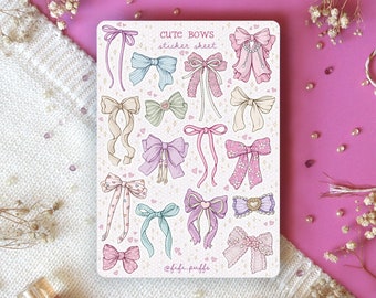 Sticker Sheet Cute Bows | planner stickers, coquette stickers, bullet journal stickers, spring, scrapbook stickers, pink, cozy art