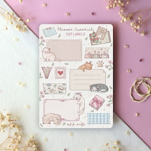 Hoja de pegatinas con etiquetas de gatos / Elementos esenciales para la planificación, pegatinas de gatos, pegatinas para bullet journal, escuela, pegatinas para álbumes de recortes, animales, arte acogedor, lectura