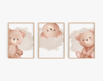 Cute Bear Prints, Set of 3 Bear Prints, Bear Playroom Decor, Neutral Kids Room Printable Wall Art, Animal Art, Digital Download BEAR01