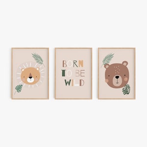 Safari Nursery Prints, Born to be Wild, Set of 3 Kids Room Prints, Jungle Safari Playroom Decor, Safari Animals, Digital Download WILD01