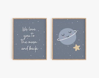 Stampa per cameretta Moon and Back: decorazione per la cameretta dei bambini con tema pianeta (download digitale)