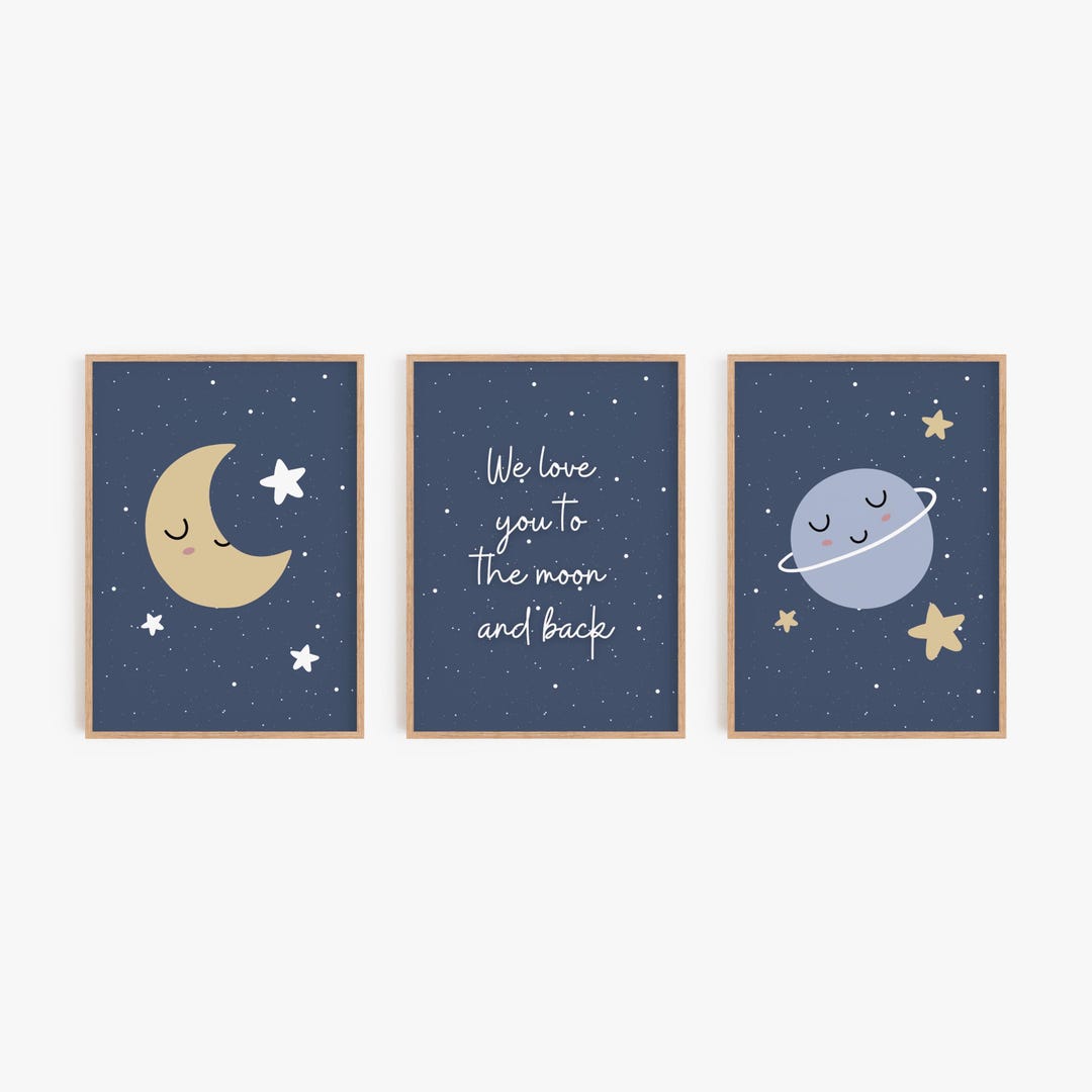 Moon and Stars Nursery Wall Art Set of 3 | Dark Blue Space Prints for ...