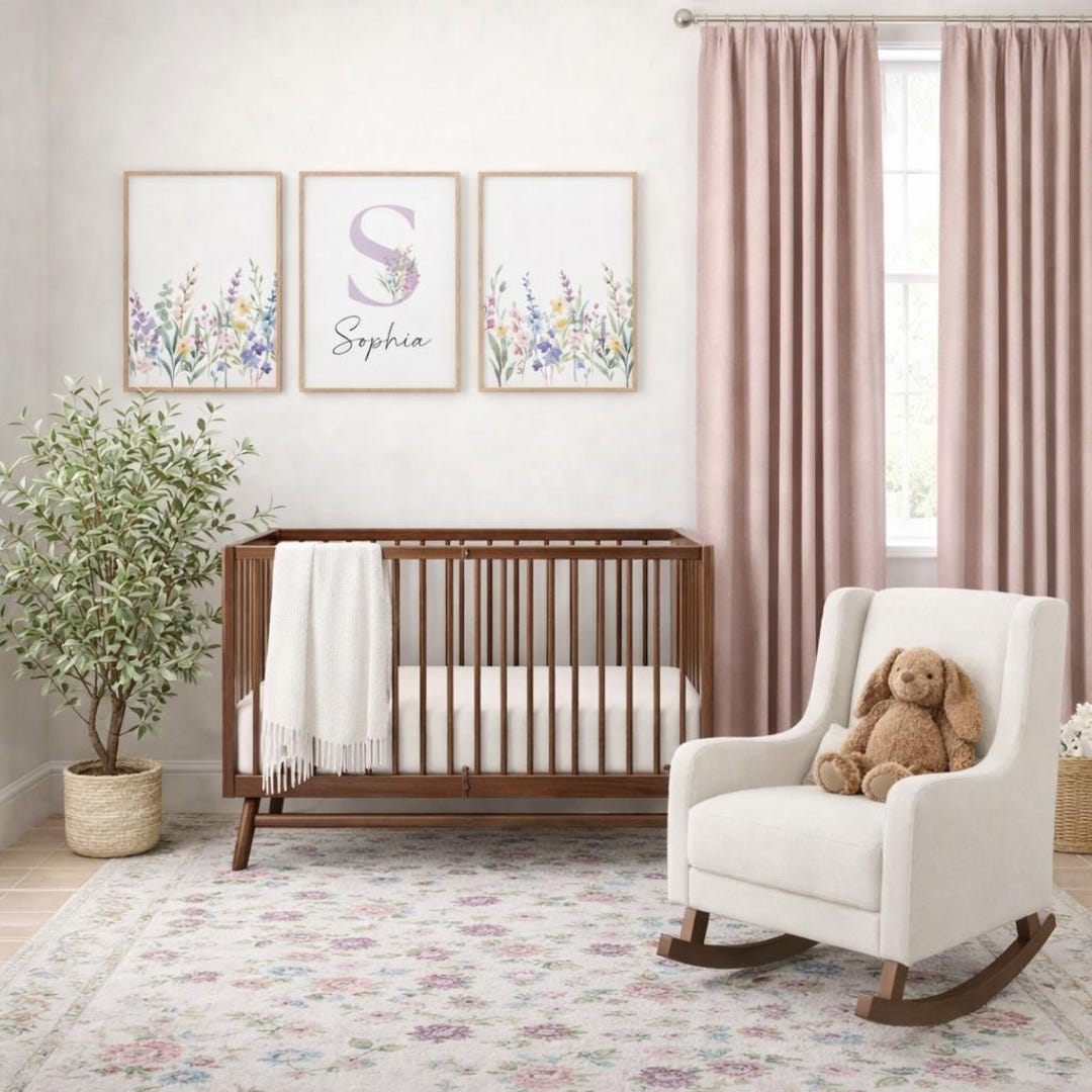 Custom Wildflower Nursery Wall Art Set of 3 | Personalized Purple Name ...