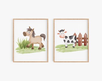 Farm Animal Nursery Prints: Horse & Cow Wall Art (Digital Download)