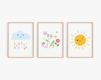 Sunshine & Rain Nursery Wall Art Set of 3 | Cloud Sun Flower Nursery Prints | Neutral Kids Room Decor | Printable Nursery Art | Digital Down