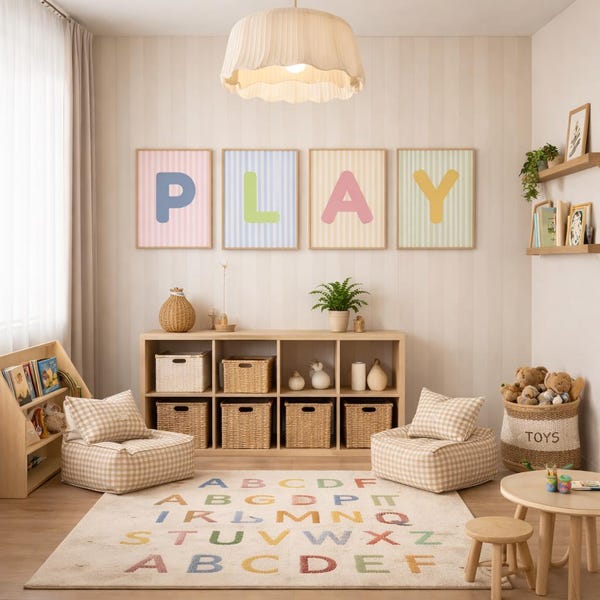 Colourful Playroom Prints | Pastel Kids Game Room Decor | Printable Kids Posters | Play Sign | Digital Download