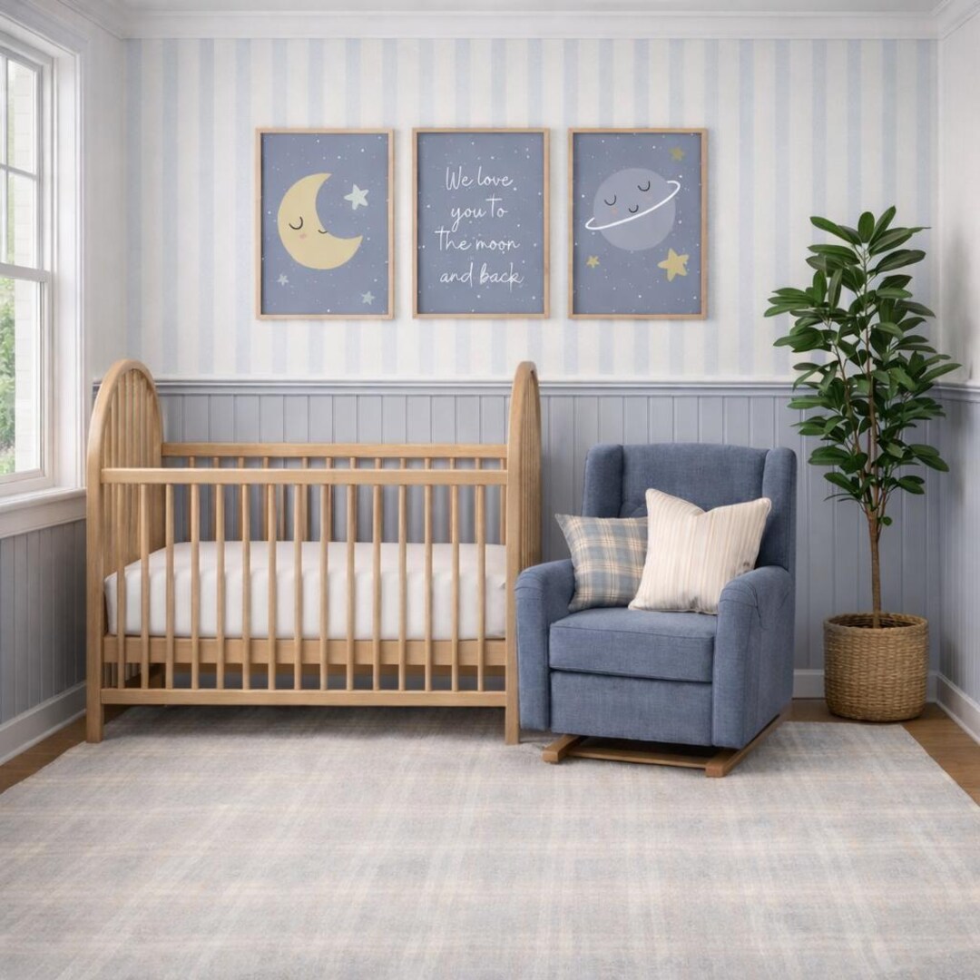 Moon and Stars Nursery Wall Art Set of 3 | Blue Space Prints for Baby ...