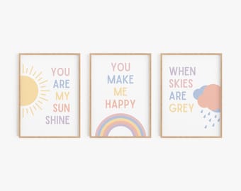 Juego de 3 impresiones de pared con arcoíris pastel para habitación de bebé, impresiones con frases para habitación infantil, decoración neutra para habitación infantil, arte imprimible para habitación infantil, descarga digital