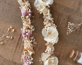 dainty boho flower crown newborn photography hairband dried flowers delicate pink, cream, halos, newborn photography, tieback sitter session