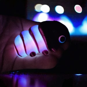 May include: A small, segmented, purple and blue toy with a black eye. The toy is made of a soft, rubbery material and is glowing in the dark.