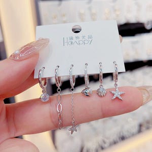 Ensemble de boucles d'oreilles étoile de mer et coquillages, 6 paires de processeurs, incrustation de zircon, or et argent