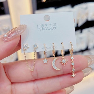 Parure de boucles d'oreilles en forme de croissant d'étoile et de zirconium, 5 paires de lots d'oreilles, or et argent