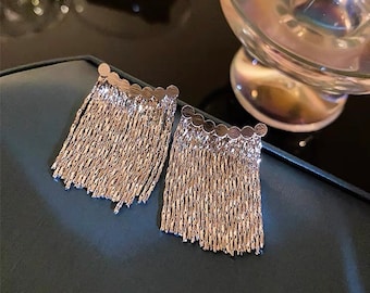 May include: A pair of silver dangle earrings with a fringe design. The earrings have a row of small circles at the top and a long fringe of silver chains hanging down.