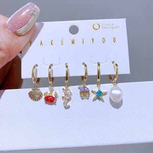 Ocean Charm Ohrring Set - 6-teilige sommerliche Meerestier Tropfen mit Perle