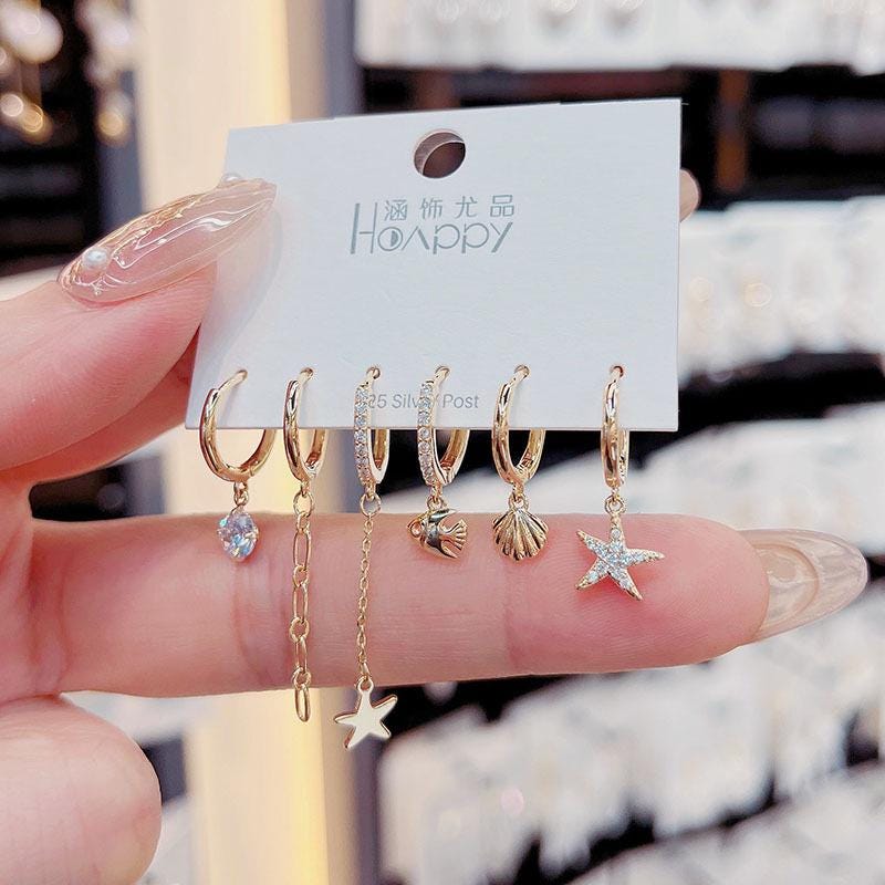 Boucles D'oreilles étoile De Mer Et Coquillage - Style Boho Doré, Perle Nacrée