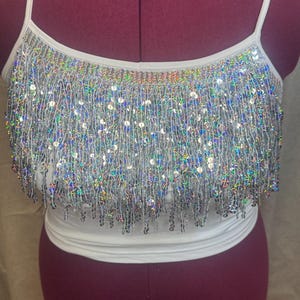 Sequin Tassel Fringe Crop Top, Sleeveless White Cami
