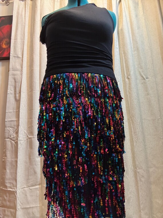 Black/rainbow Sparkly Sequin Tassel Fringe Skirt Mini Length  display picture 1