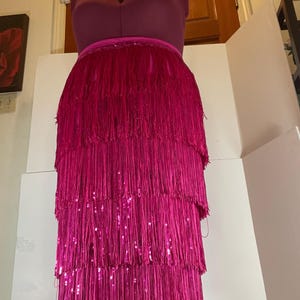 Sparkly Sequin Tassel Fringe Skirt Midi Length Fuschia Pink