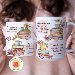 PNG boeken en koffieliefhebber mok wrap voor 11 en 15 oz mokken, Reader Girl literair lezing ontwerp bloemen stapel boeken leraar sublimatie print