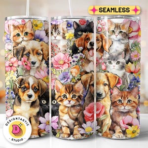May include: A seamless pattern featuring a variety of cats and dogs with floral accents. The pattern is designed for use on tumblers, mugs, and other items. The pattern is colourful and features a variety of animals, including cats, dogs, and kittens.