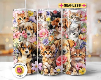 May include: A seamless pattern featuring a variety of cats and dogs with floral accents. The pattern is designed for use on tumblers, mugs, and other items. The pattern is colorful and features a variety of animals, including cats, dogs, and kittens.