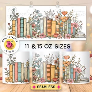 May include: A white ceramic mug with a red handle features a colorful illustration of a stack of books with floral accents. The mug is available in 11 and 15 ounce sizes. "DesignTastic Studio" is printed on the mug.