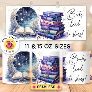 May include: White ceramic mug with a purple handle. The mug features a watercolour illustration of a book with a crescent moon and stars. The text "Books lead to stars!" is printed on the mug.