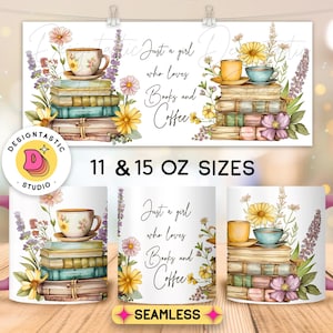 Puede incluir: Taza de cerámica blanca con asa rosa. La taza presenta una ilustración de acuarela de una pila de libros, una taza de café y flores. El texto "Just a girl who loves books and coffee" está impreso en la taza.