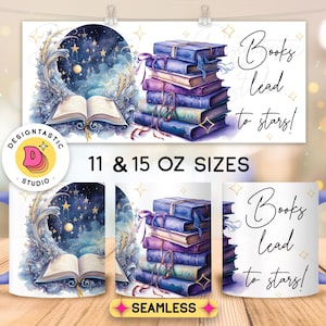 May include: A white ceramic mug with a blue handle and rim, featuring a watercolour design of an open book, a starry night scene, and a stack of books. The text "Books lead to stars!" is also displayed. Available in 312 and 425 ml sizes.